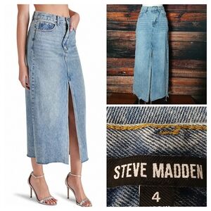 Steve Madden Avani Midi Jean Skirt 4 Blue Denim Front Slit Raw Hem 100% Cotton